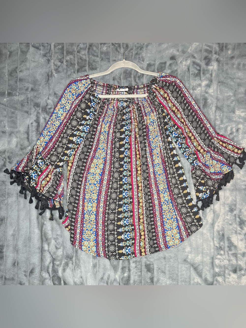 Westport Womens L Boho Paisley Floral Bell Sleeve Blouse Tassel Fringe Flowy Top